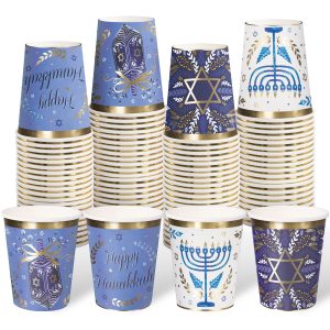 WRAPAHOLIC 9oz Hanukkah Party Cups - 50 Pack Blue Dreidels Paper Cups