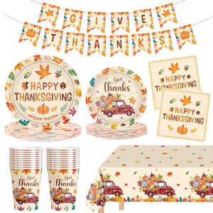 102 Pcs Thanksgiving Party Supplies Sets - Includes Happy Thanksgiving Dinner Paper Plates Napkins, Give Thanks Banner Dessert Plates Cups Tablecloth for Fall Thanks Giving Party Decorations, Serve 25