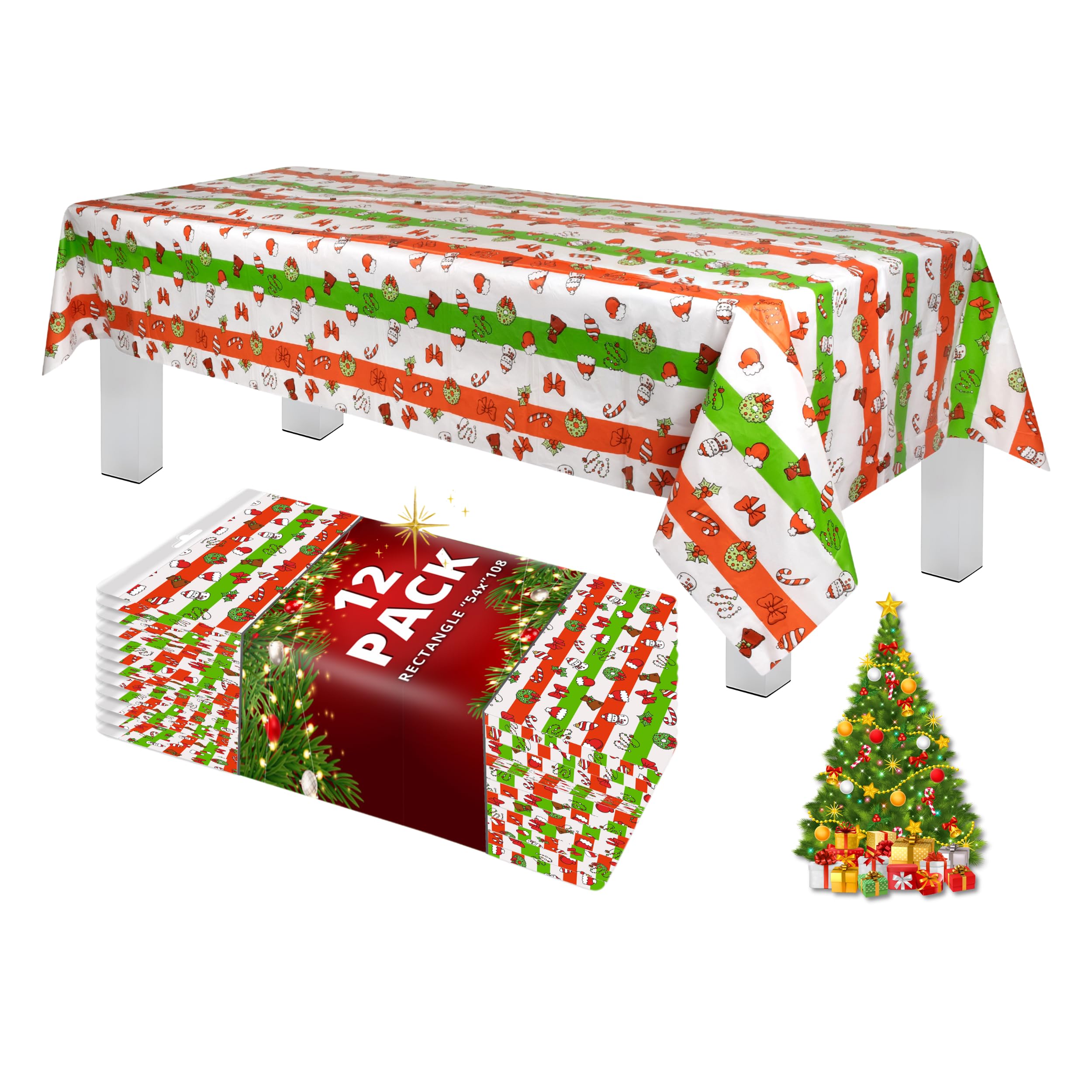 Grandipity Holiday Christmas 12 Pack Premium Disposable Plastic Tablecloth 54 Inch. x 108 Inch. Rectangle Table Cover