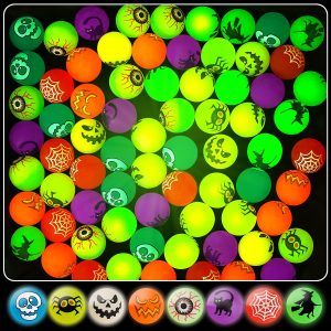 64pcs Glow in The Dark Bouncing Balls,8 Halloween Theme Designs Bouncy Toys Balls, Halloween Party Favors Supplies, Trick or Treating Goodie, Halloween Miniatures,School Classroom Game Rewards