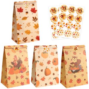 Fall Thanksgiving Treat Bags with Stickers, 24Pcs Fall Goodie Bags Autumn Maple Leaf Pumpkin Turkey Candy Cookies Goody Snacks Gift Paper Bag for Thanksgivings Party Favors Supplies Decorations