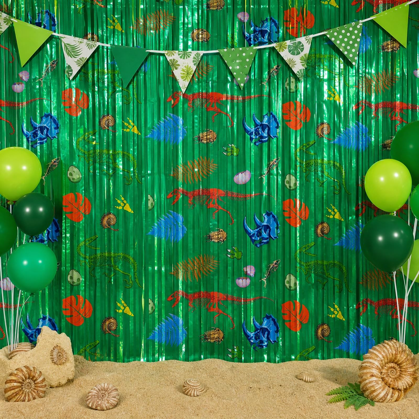 2Pack Dinosaur Foil Fringe Curtain, Dino Birthday Party Backdrop Decoration
