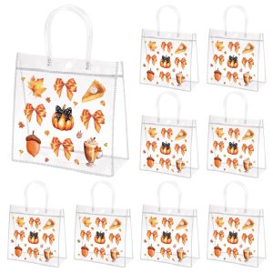 H1vojoxo Fall Thanksgiving Gift Bags - 24PCS Fall Pumpkin Maple Leaves Acorn Clear PVC Bags with Handles Reusable Goodie Treat Candy Tote Bag for Kids Autumn Thanksgiving Friendsgiving Party Favor Bag