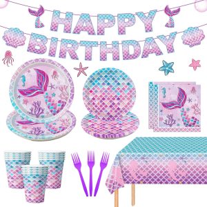 122Pcs Mermaid Birthday Party Decorations Set Mermaid Party Supplies Includes Plates, Napkin, Fork, Cup, Tablecloth, Banner for Ocean Birthday Party Decorations, Serves 24