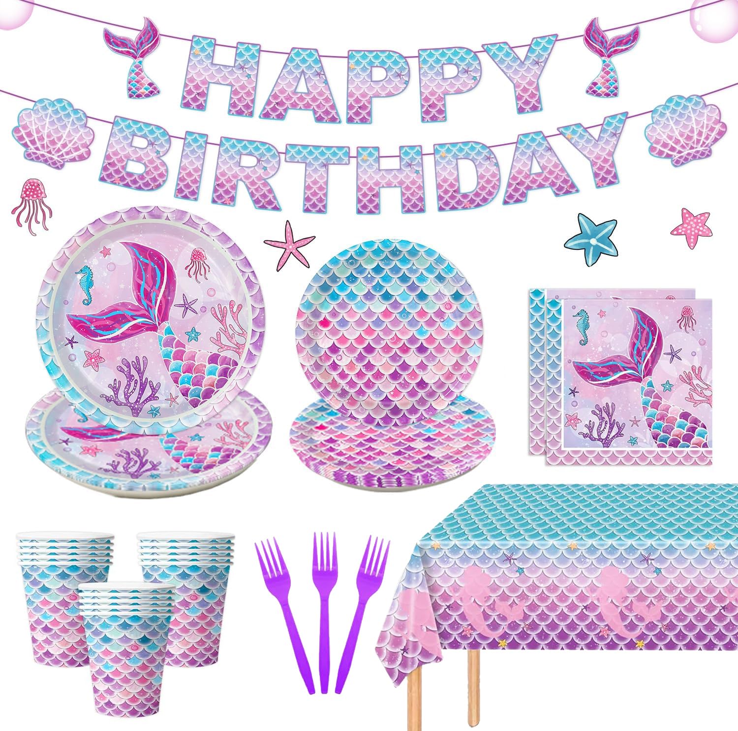 122Pcs Mermaid Birthday Party Decorations Set Mermaid Party Supplies Includes Plates, Napkin, Fork, Cup, Tablecloth, Banner for Ocean Birthday Party Decorations, Serves 24