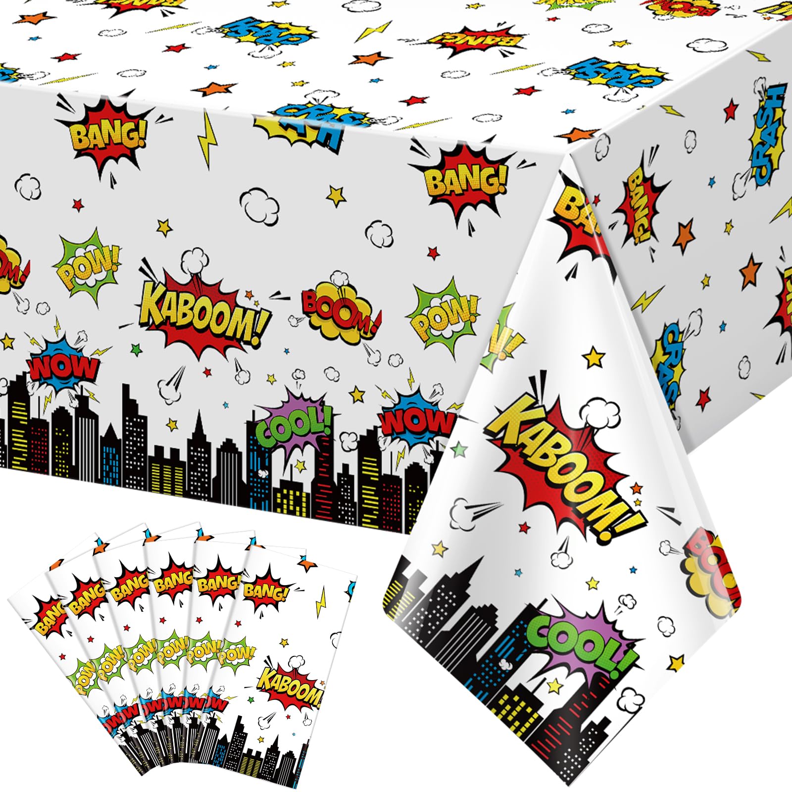 6Pcs Hero Themed Birthday Party Tablecloths Decorations,White Cityscape Super Bang Plastic Table Cover Disposable Rectangle Table Cloth for Baby Shower Kids Boys Birthday Party Supplies,54x108 Inch