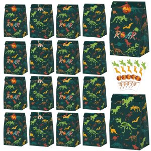 XJLANTTE 20 Pcs Dinosaur Goodie Bags - Dino Party Favors Bag with Stickers, Dinosaur Fossil Gift Paper Bags, Dino Candy Treat Bag for Kids Boy Baby Shower Birthday Party Decorations