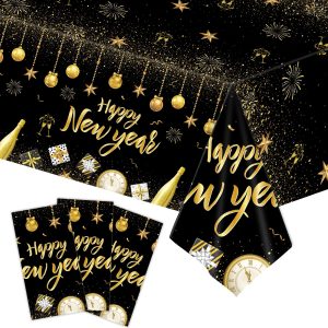 3-Piece 54 x 108 Inch Happy New Year Plastic Tablecloth – Black and Gold Disposable Rectangle Table Covers with Fireworks, Champagne, and Ornaments for New Year’s Eve Parties Dinners Celebrations