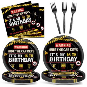 96 PCS Caution Logos 16th Birthday Party Paper Plates and Napkins 16 Years Old Party Decor Warning Sign Themed Teens 16th Dinnerware for Boys Girls 16 Years Old Birthday Gatherings Decorations