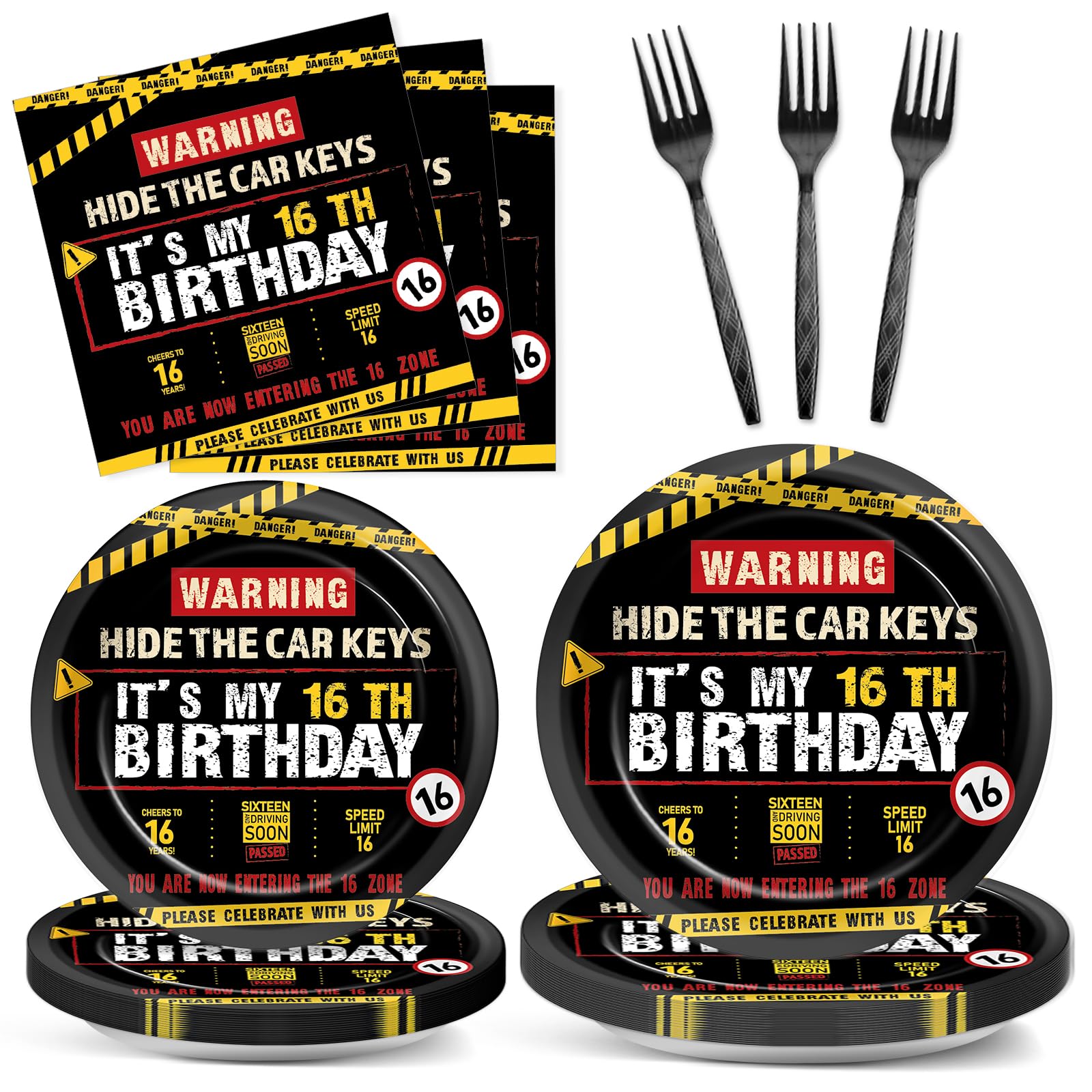 96 PCS Caution Logos 16th Birthday Party Paper Plates and Napkins 16 Years Old Party Decor Warning Sign Themed Teens 16th Dinnerware for Boys Girls 16 Years Old Birthday Gatherings Decorations