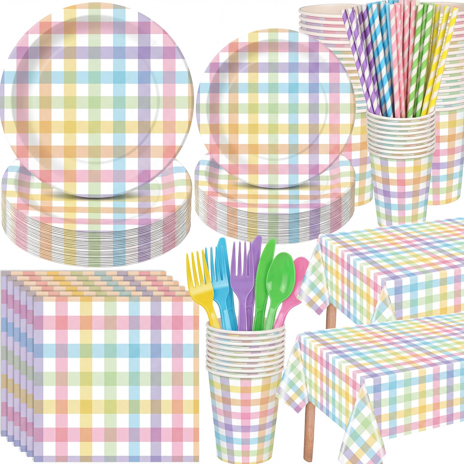 Funnymoom 452 Pcs Pastel Easter Party Decoration for 50, Spring Easter Paper Plates Napkins Cups Tablecloth Cutlery Straws Rainbow Pastel Gingham Plaid Tableware for Spring Birthday Party Supplies
