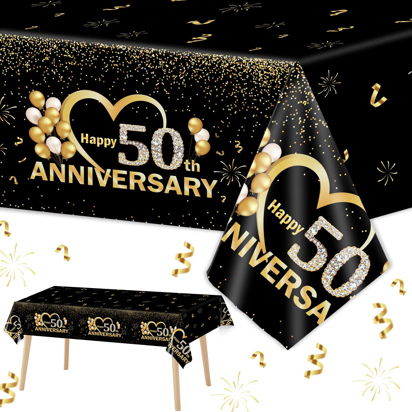 3pcs Happy 50th Anniversary Tablecloths Black Gold Table Covers 50th Wedding Anniversary Party Supplies for Parents Cheer to 50 Years Party Decorations and Plastic Disposable Favors,108*54 inch