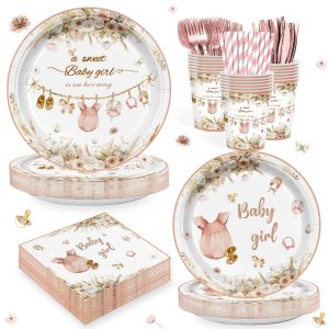 168Pcs Pink Baby Girl Shower Party Supplies Serves 24 Guests, Boho Floral Baby…