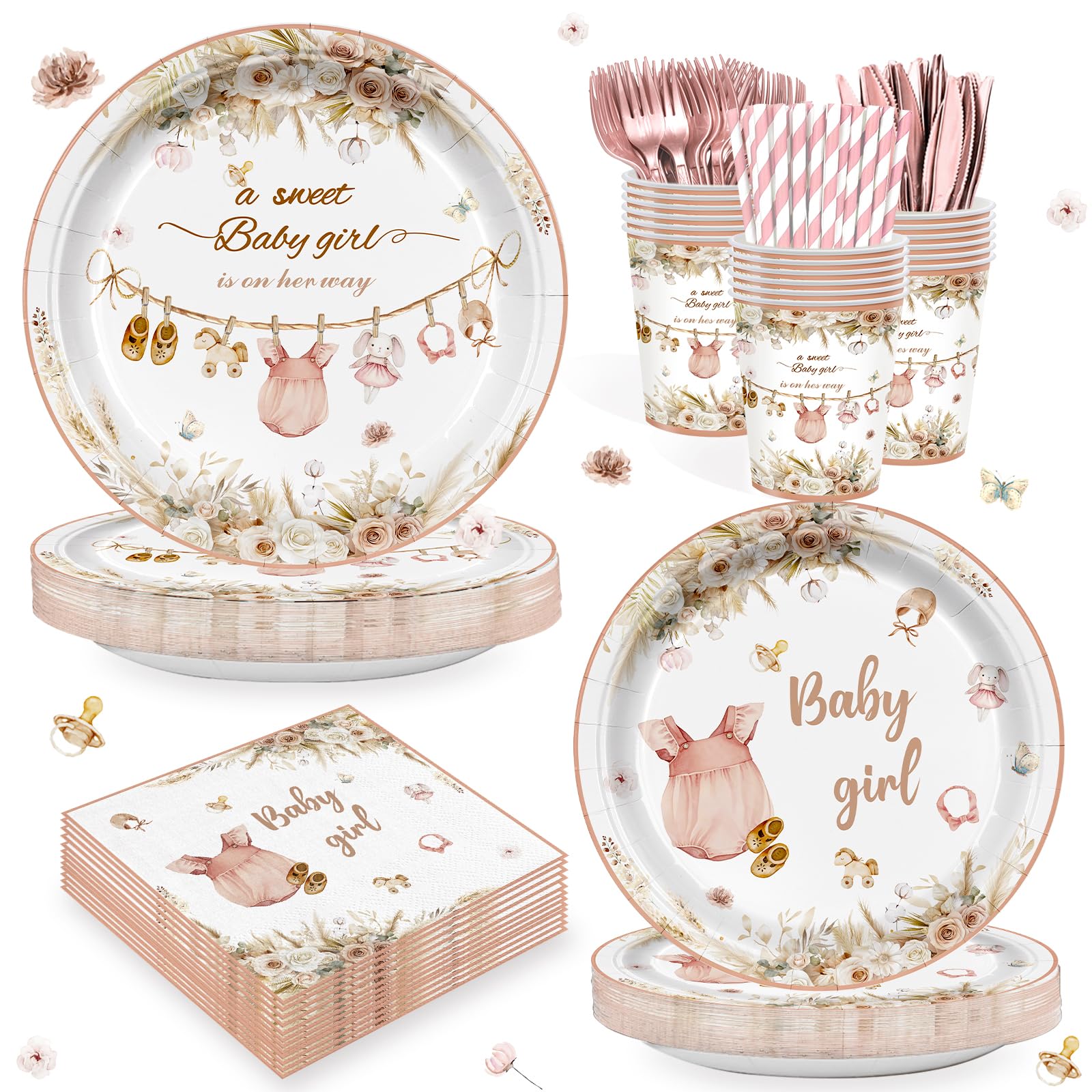 168Pcs Pink Baby Girl Shower Party Supplies Serves 24 Guests, Boho Floral Baby Shower Tableware Set, A Sweet Girl is on Her Way Gender Reveal Decorations Paper Plates Napkins Cups Cutlery