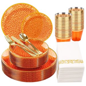 Rubtlamp 175 Pcs Plastic Dinnerware Set (25 Guests), Orange And Gold Plastic Plates, Hammered Plates Set Include Dinner Plates, Dessert Plates, Cups&Cutlery Set And Napkins for Thanksgiving, Party