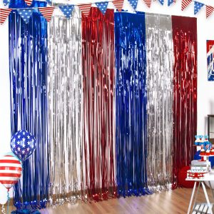 LOLStar 4th of July Decorations Red White Blue Foil Fringe Curtains, 3 Pack
