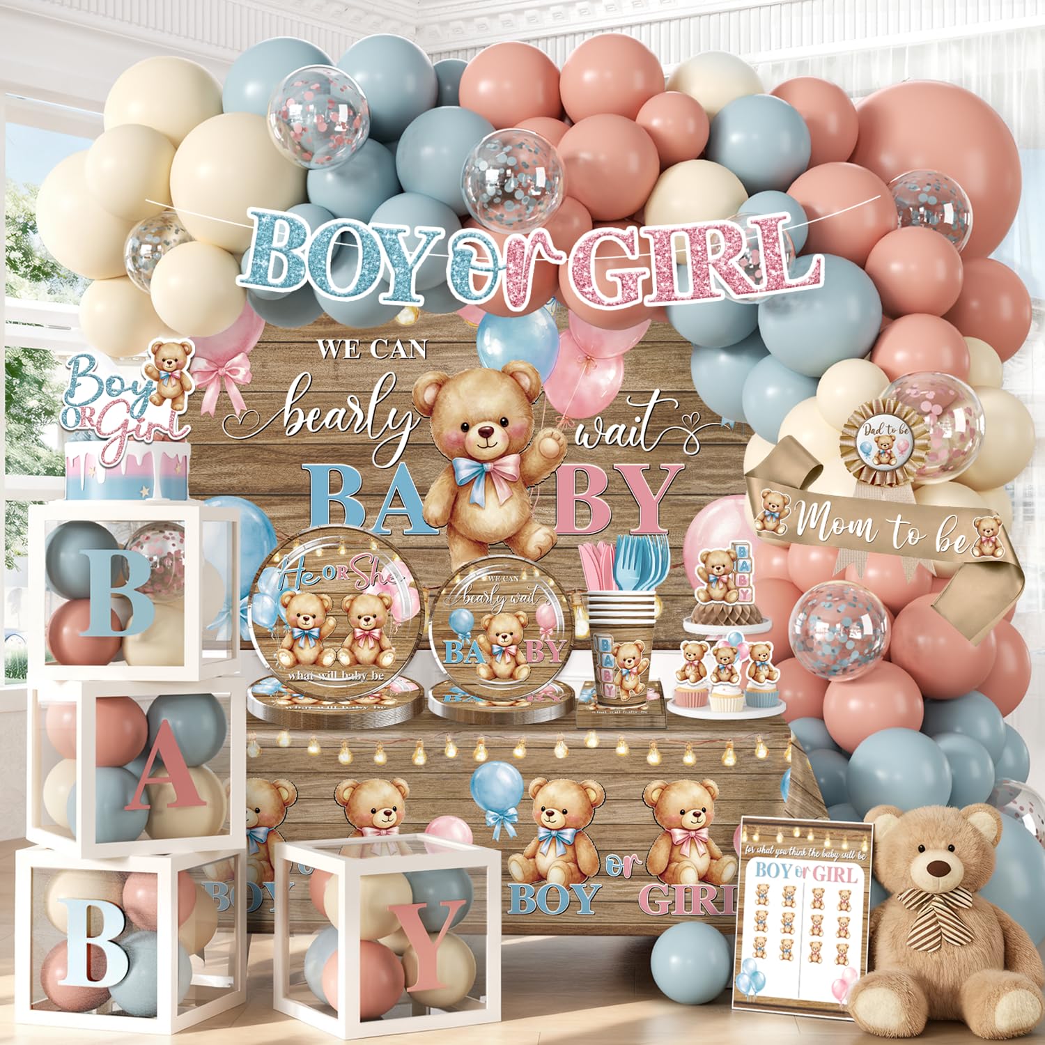 Fexivo 296Pcs Bear Gender Reveal Decorations, All-in-One Set for 25 Guests