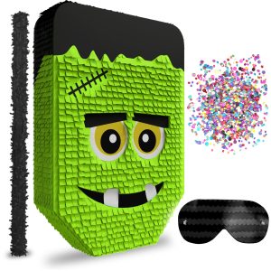 Jergrim Cute Frankenstein Halloween Piñata 3-piece Bundle for kids and adults, fits 2lbs of candy, perfect for Halloween party, spooky decorations, October birthday and party supplies