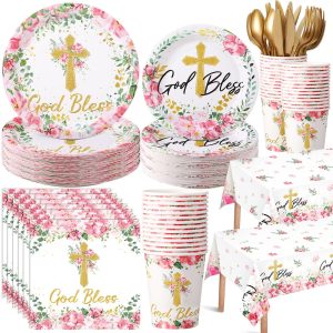 Yungyan 194 Pcs Baptism Plates and Napkins Tablecloth Cups Baptism Decorations Cross Disposable Holy Communion Set for Wedding Newborn Religious First Holy Communion Party Supplies