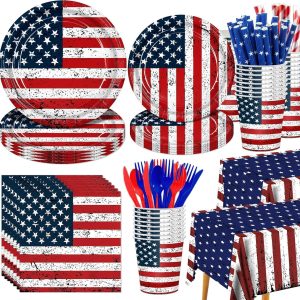 194Pcs Vintage Patriotic Party Supplies American Flag Dinnerware Decor Set