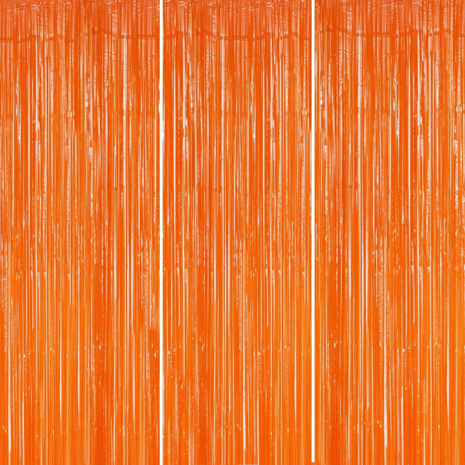 DECOCKRAT 3 Pack Foil Fringe Backdrop - Orange Shiny Tinsel Curtains for Party Decoration/Photo Booth Props - 3.3x8.2 FT Metallic Foil Backdrop for Birthday, Wedding, Graduation, Christmas.