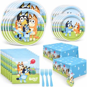 Unique Bluey Birthday Party Supplies Bundle for 16 Guests - 16 Dinner and 16 Dessert Paper Plates, 16 Napkins, 2 Plastic Table Covers, 18 Forks, Party Planning Checklist, Officially Licensed
