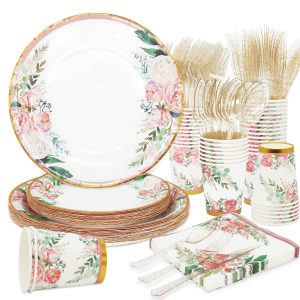 Floral Party Supplies - Bridal Shower Paper Plates & Napkins Set for 24 Guests - Disposable Dinnerware: Plates, Cups, Cutlery for Baby Shower, Tea Party