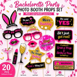 Mayzurain 20pcs Pre-Assembled Bachelorette Photo Booth Props Pink Gold Glitter