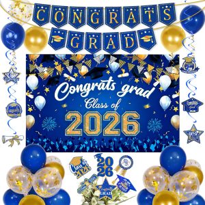 Blue and Gold Graduation Decorations 2026 with Congrats Grad Banner, Graduation Cake Topper, Backdrop, Hanging Swirls, Balloons for Class of 2026