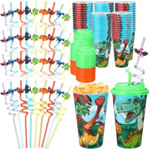 Maxcheck 24 Sets Dinosaur Party Favors Goodie Cups with Lids and Straws