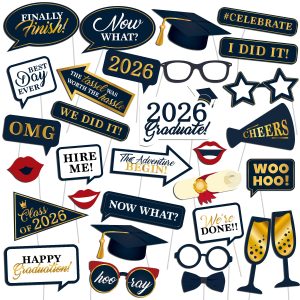 Graduation Photo Booth Props, Blue Black Red Gold Graduation Decorations for Congrats Grad Party Supplies, Upgraded Version with Long Stick, 2026 Grad Party Pose Sign-32Pcs