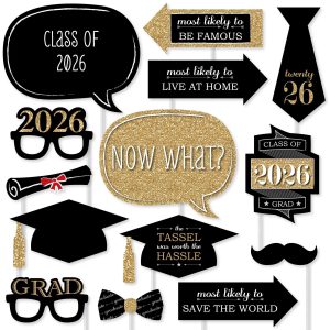 Black and Gold 2026 Graduation Photo Booth Prop Kit, DIY Props - 20pc