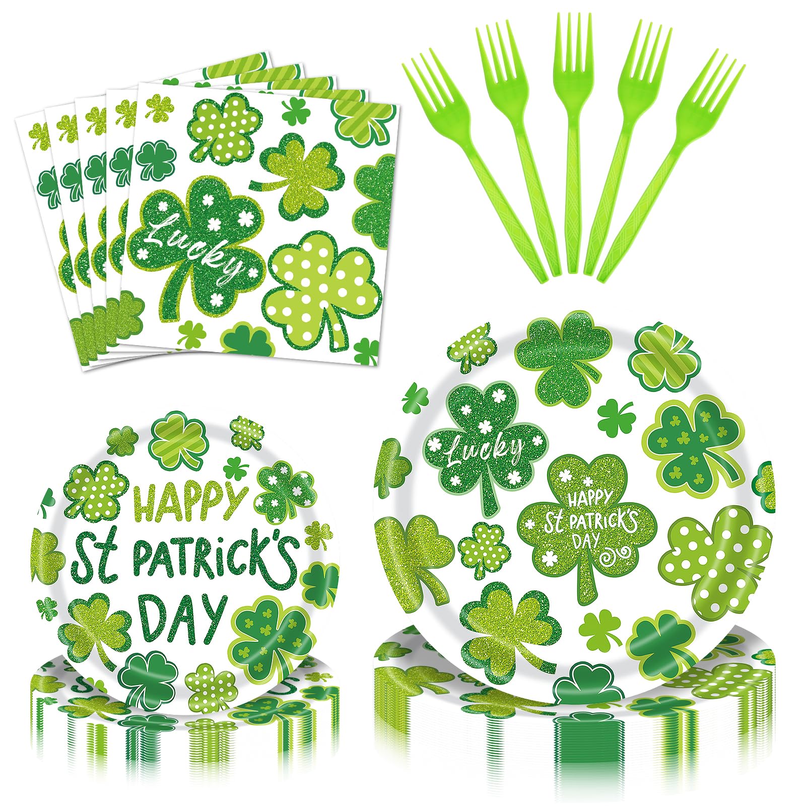96 Pieces St. Patrick’s Day Tableware Set – Green Shamrock Disposable Plates Napkins Forks with “Happy St. Patrick’s Day” Lucky Clover Designs for Holiday Parties Irish Celebrations – Serves 24