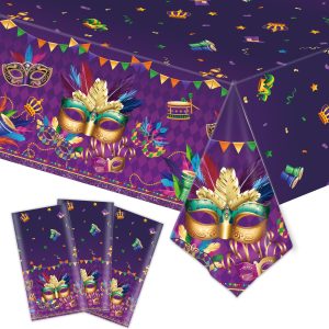 3-Piece 54 x 108 Inch Mardi Gras Plastic Tablecloth – Purple Green Gold Diamond Disposable Table Covers with Masquerade Mask and Feather Designs for Carnival Parties, Parades Fat Tuesday Celebrations