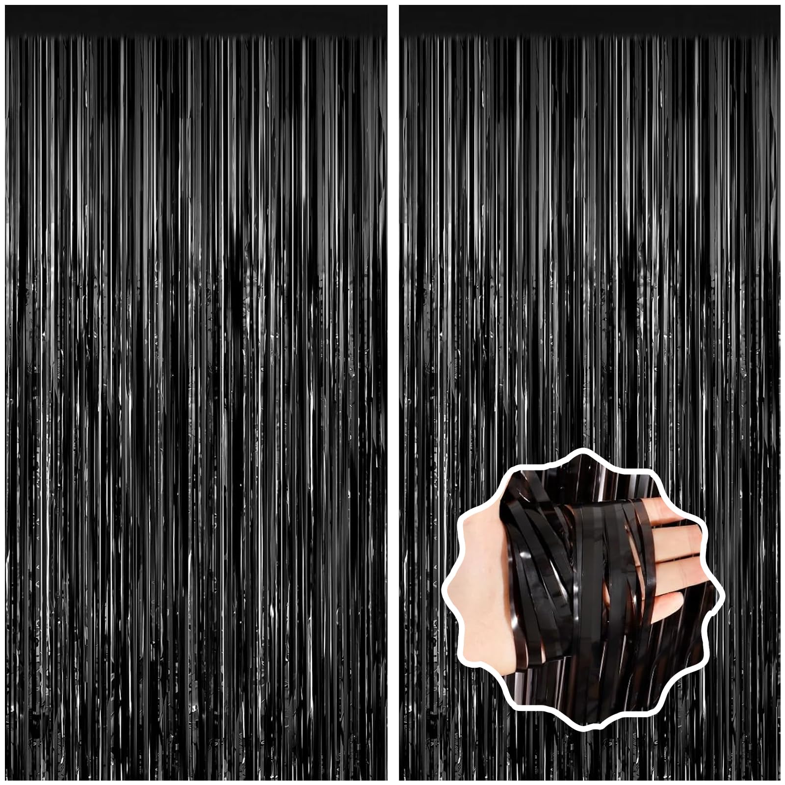 Black Foil Fringe Curtain Party Decorations Door Streamers 2Pack 3.3x8.3 Ft, Black Tinsel Foil Curtain Backdrop Photo Booth Props for Birthday Wedding Bridal Baby Shower Graduation