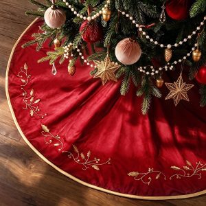 Bunny Chorus Christmas Tree Skirt, 48 inches Red Luxury Velvet Plush Fur Skirts with Gold Embroidered Holly Leaf for Rustic Xmas Tree Holiday Decorations