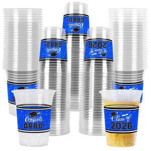 Gatherfun Graduation Decorations 2026-100 Pcs 16oz Blue Graduation Plastic Cups for Grad Party | Sturdy & Durable Drinkware for Grad Festivities | Essential Grad Party Supplies & Decorations