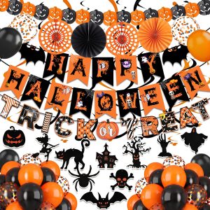 Fecedy Black Orange Happy Halloween Trick or Treat Banner Paper Fan Balloons & Swirl Streamers Goul Bat Cat Bird…