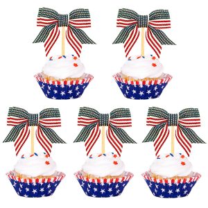 24 Pcs Red White Blue Bow Cupcake Toppers for 4th of july America Patriotic Party Decoration, Baby Shower and Birthday Cake Supplies(Style A)