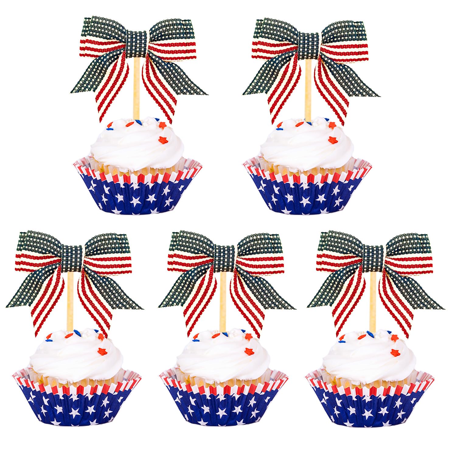 24 Pcs Red White Blue Bow Cupcake Toppers for 4th of july America Patriotic Party Decoration, Baby Shower and Birthday Cake Supplies(Style A)