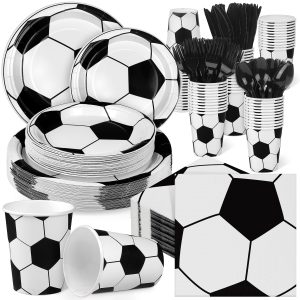 Kochorie 400 Pieces Soccer Disposable Party Tableware Sets Including Plates Cups Napkins Cutlery Serves 50 for Soccer Games Sports Birthday Party Decorations