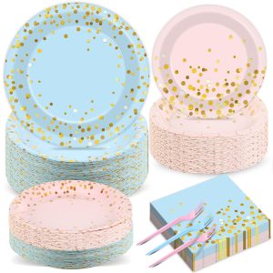 gisgfim 50 Guests Gender Reveal Party Supplies Baby Shower Party Tableware Gender Reveal Plates and Napkins Plastic Forks Boys Girls Blue and Pink Paper Plates for Baby Shower Wedding Birthday 200PCS