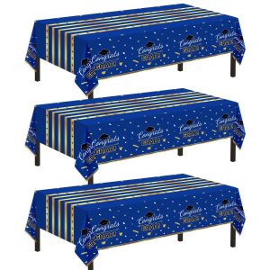 Childom 3 Pack Graduation Tablecloth,Graduation Decorations Class of 2026 Graduation Party Decorations,54"x108" Blue and Gold Plastic Table Cloth Disposable Rectangle for Home,School,Party Supplies