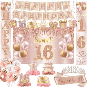 Sweet 16 Party Decorations – 16th Birthday Decorations Backdrop, Banner, Honeycomb Centerpieces, Hanging Swirls, Porch Banner, Balloons, Sash, Pom Poms, Crown