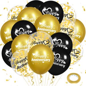 Woosytoo Happy Anniversary Balloons 18Pcs Black Gold Anniversary Party Decorations for Women Men Gold Silver 12Inch Metallic Confetti Anniversary Balloons for Indoor Outdoor Party Supplies