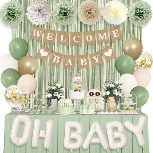 Ouddy Party Sage Green Neutral Baby Shower Decorations with Fringe Curtain