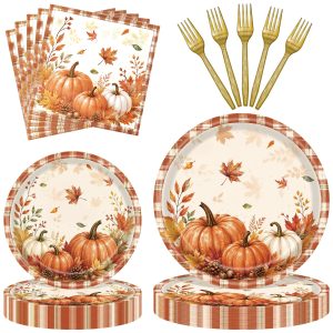 96 Pieces Thanksgiving Tableware Set – Fall Pumpkin Disposable Plates, Napkins and Gold Forks for Thanksgiving Dinner, Friendsgiving, Harvest Party and Autumn Celebrations – Serves 24 Guests