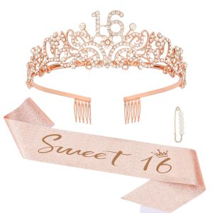Semato Sweet 16 Party Decorations Set - 16th Birthday Crown and Sash Glitter Kit for Girls Party Supplies and Favors