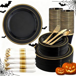 350 Pieces Black and Gold Plastic Plates with Disposable Silverware, Include 50 Dinner Plate 9”, 50 Dessert Plates 6.3”, 50 Black Cups 9 OZ, 50 Pre Rolled Napkins for Wedding/Party/Birthday/Halloween
