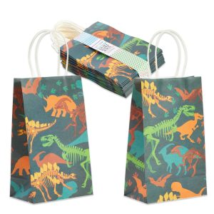 BLUE PANDA 24-Pack (24 Bags) Dinosaur Party Favor Bags | White Kraft Paper Skeleton Dino Goodie Treat Sacks | Durable Handle Birthday Decorations for Kids — 5.3x3.2x9 In